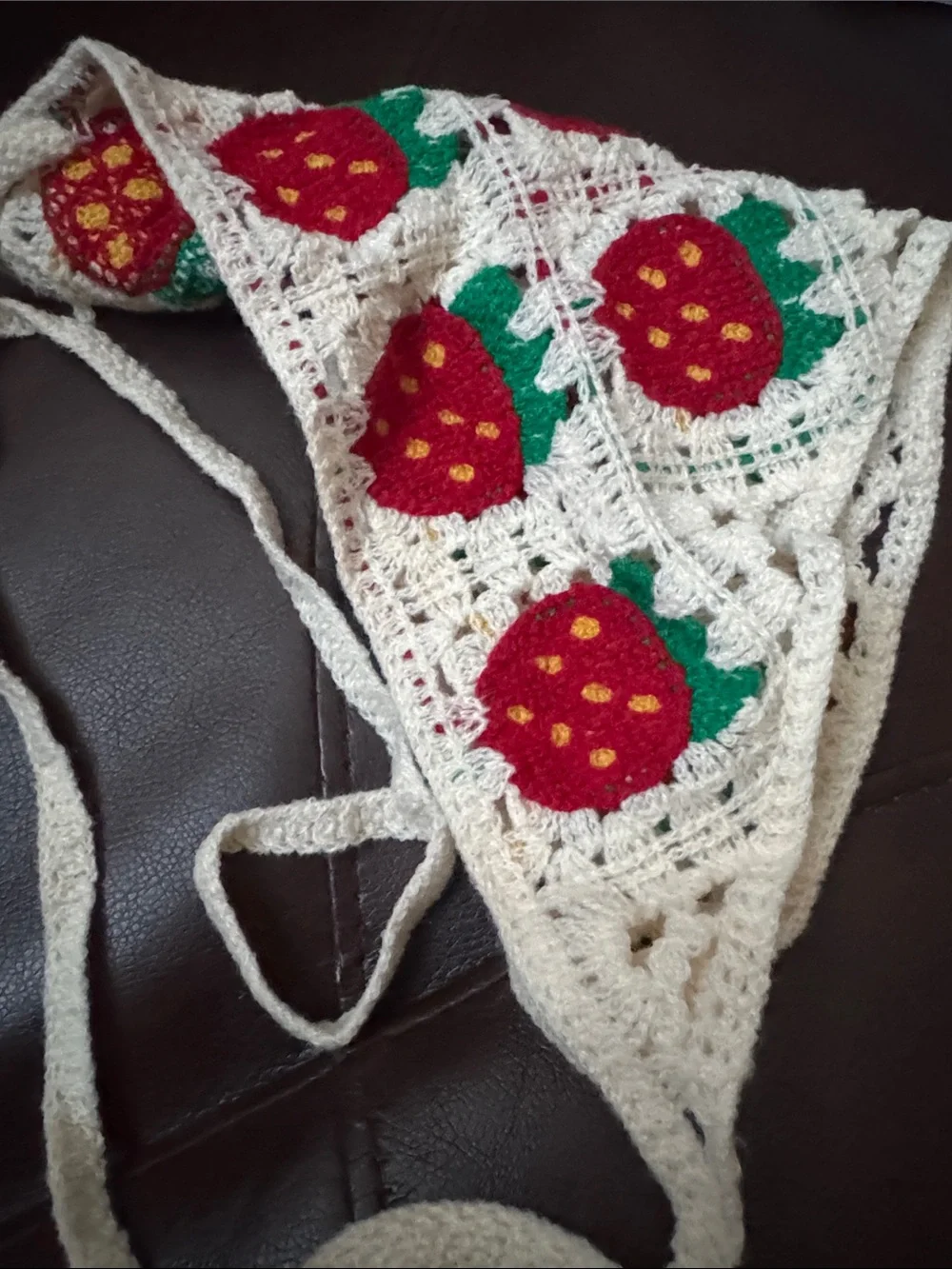 NWT Boho Crochet Strawberry Headscarf - Red, Cream, Green